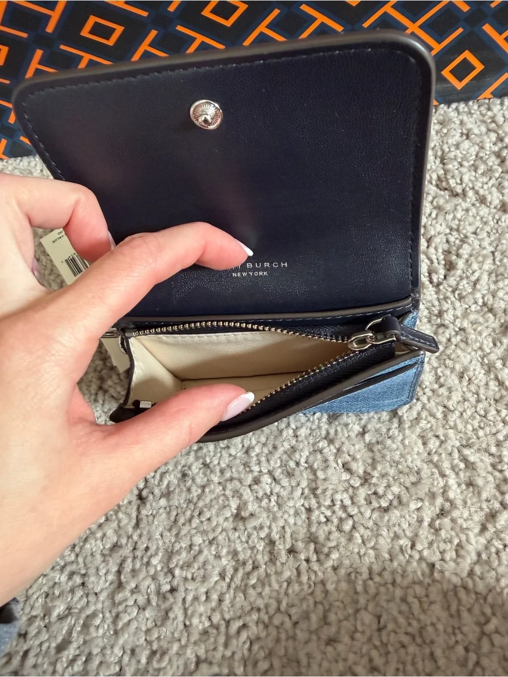 Tory Burch Emerson Denim Suede Flap Card Case Dark Denim